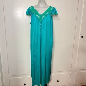 Vintage Miss Elaine Blue Green Lace Trim Flutter Sleeve Maxi Lingerie Nightgown